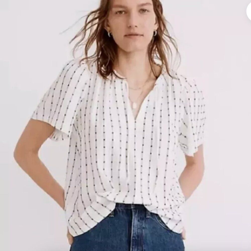 Madewell White and Black Embroidered tie-neck top size 4X NWT